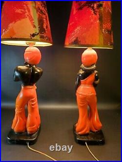 Vintage Mid Century Pair Blackamoor Nubian Genie Chalkware Lamps Black Americana