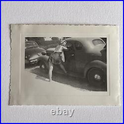 Vintage Snapshot Photograph Beautiful Shapely Young Woman Leaning In Car