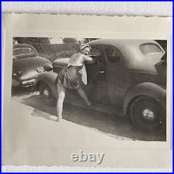 Vintage Snapshot Photograph Beautiful Shapely Young Woman Leaning In Car