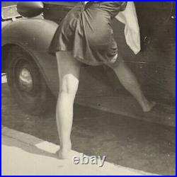 Vintage Snapshot Photograph Beautiful Shapely Young Woman Leaning In Car