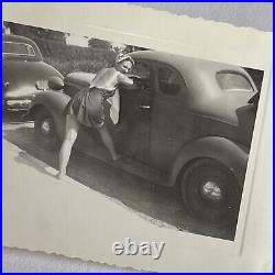 Vintage Snapshot Photograph Beautiful Shapely Young Woman Leaning In Car