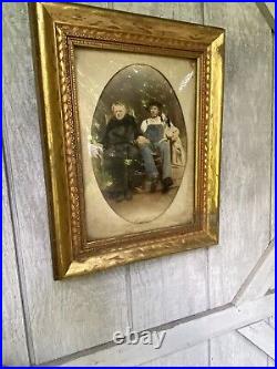 Vintage Tinted Framed Photo Bubble Convex Glass Woman & Man with Hat Overalls Dog