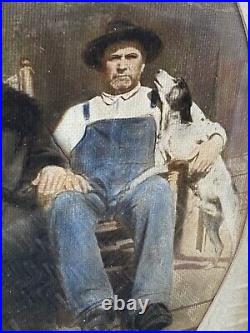Vintage Tinted Framed Photo Bubble Convex Glass Woman & Man with Hat Overalls Dog