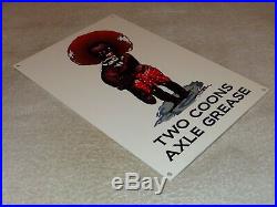 Vintage Two Coons Axle Grease Black Americana Boy Raccoon 12 Metal Gas Oil Sign