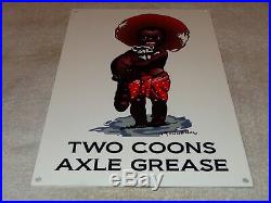 Vintage Two Coons Axle Grease Black Americana Boy Raccoon 12 Metal Gas Oil Sign