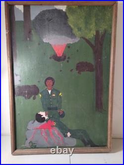 Vintage Vietnam Black Americana Folk Art Oil on Canvas Painting Signed