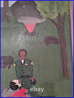 Vintage Vietnam Black Americana Folk Art Oil on Canvas Painting Signed