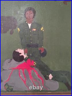 Vintage Vietnam Black Americana Folk Art Oil on Canvas Painting Signed