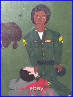 Vintage Vietnam Black Americana Folk Art Oil on Canvas Painting Signed