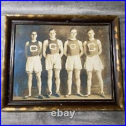 Vtg Antique Sports Mens Track Team Male Art Framed Sepia Black & White Large XL