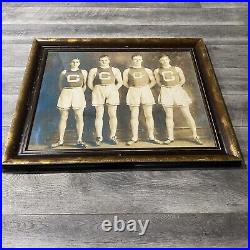 Vtg Antique Sports Mens Track Team Male Art Framed Sepia Black & White Large XL