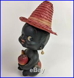 Vtg Black Americana Chalkware Nodder Coin Bank Child Straw Hat Fruit Apple