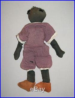 Vtg Ca 1930s Folk Art Black Sateen Cloth Rag Doll Antique 14 Nice Orig Clothing