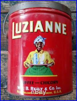 Vtg LUZIANNE COFFEE&CHICORY Advertising TIN CAN withLID&HANDLE Black Americana