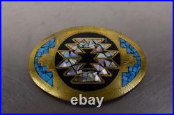 Zuni belt buckle, inlay work with turquoise, mother of pearl, and onyx